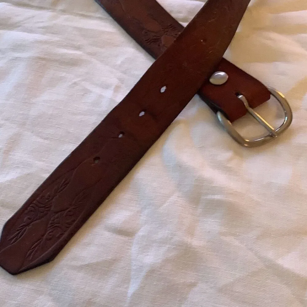 Vintage Hand Tooled Brown Leather Belt Size Large Full Grain Cowhide USA No Loop